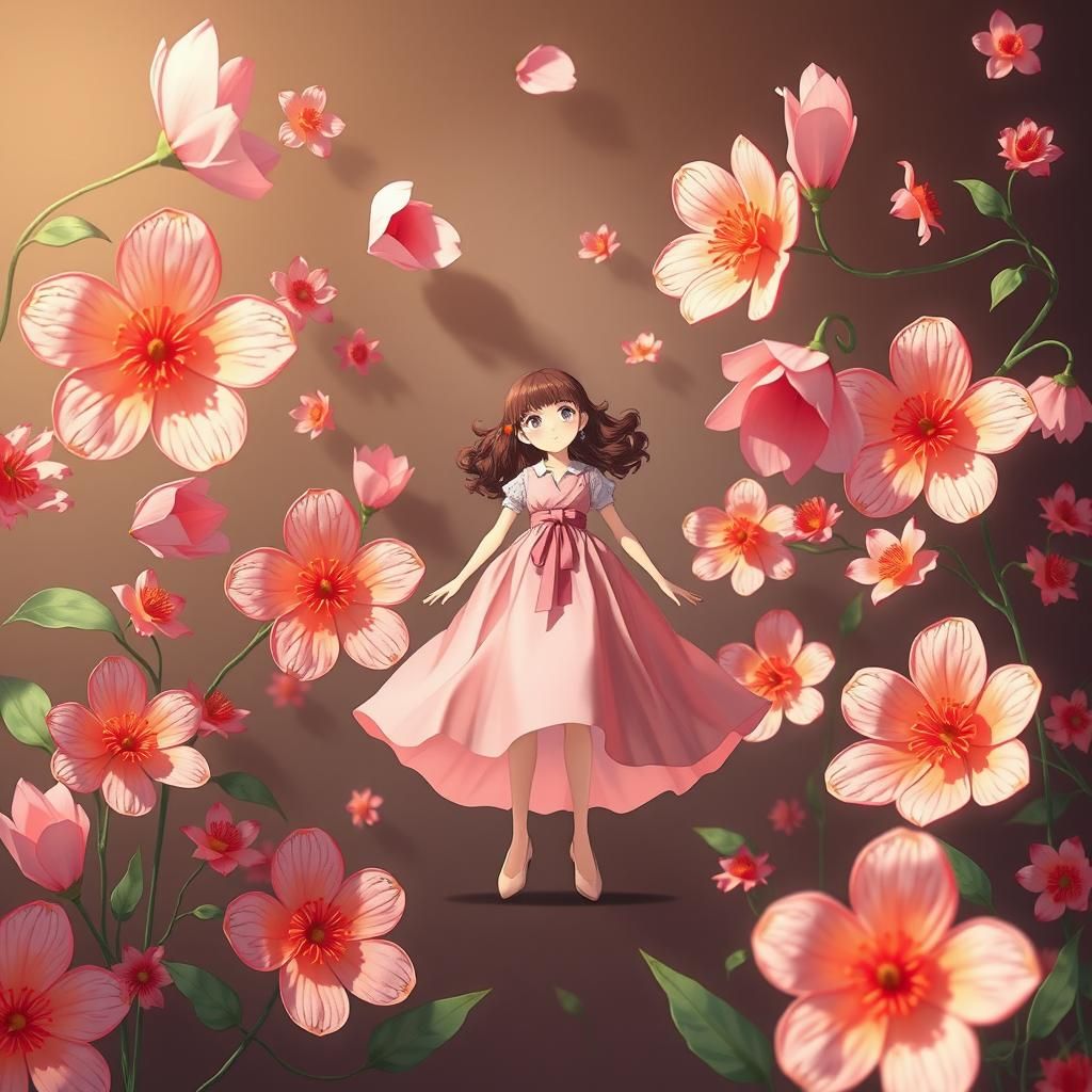 Paper Doll Surrounded by Floating Paper Flowers in Anime Sty...