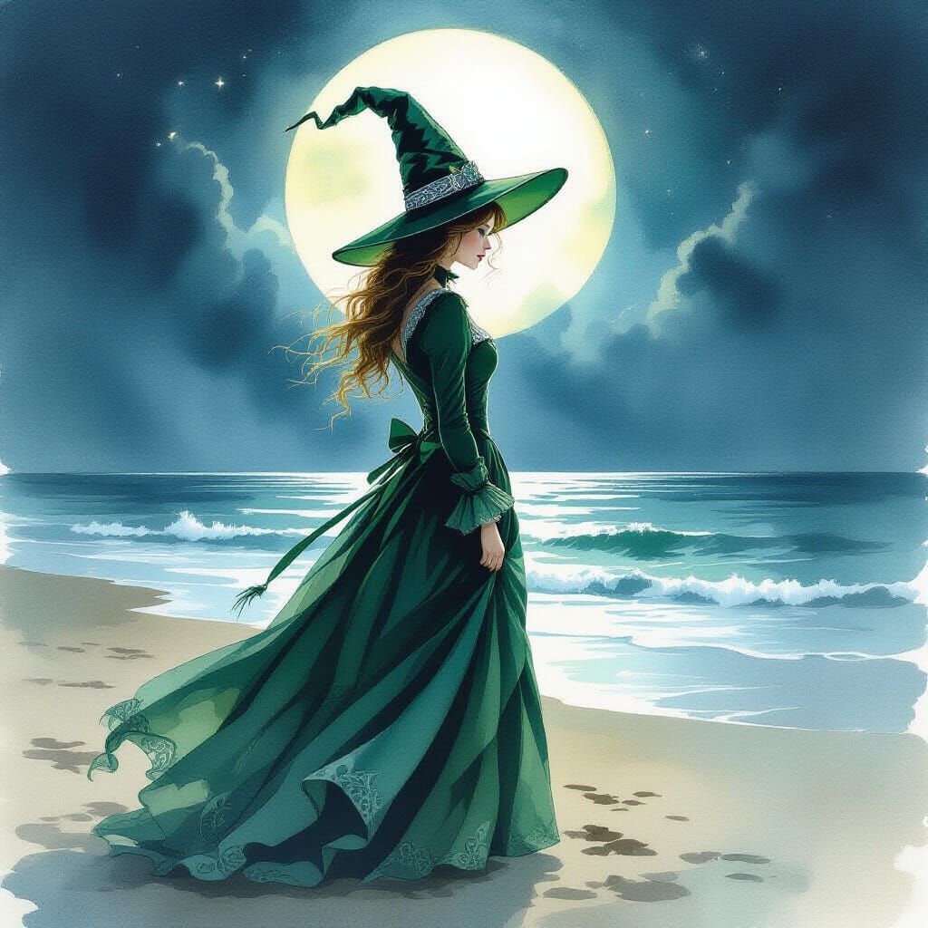 Young Witch on Raven Beach at Night in Watercolor Style