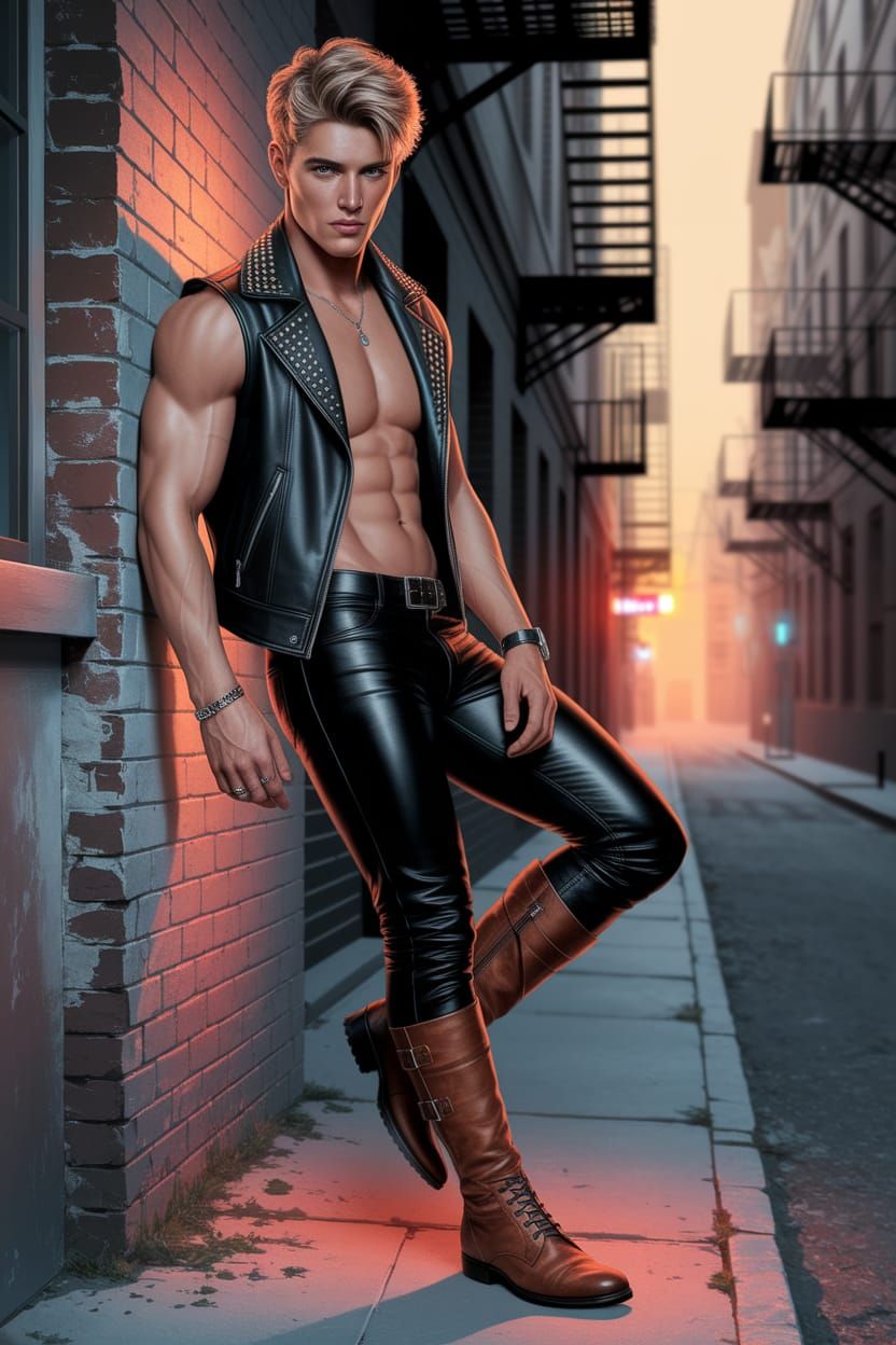 Handsome Man in Leather Jacket in Urban Alley