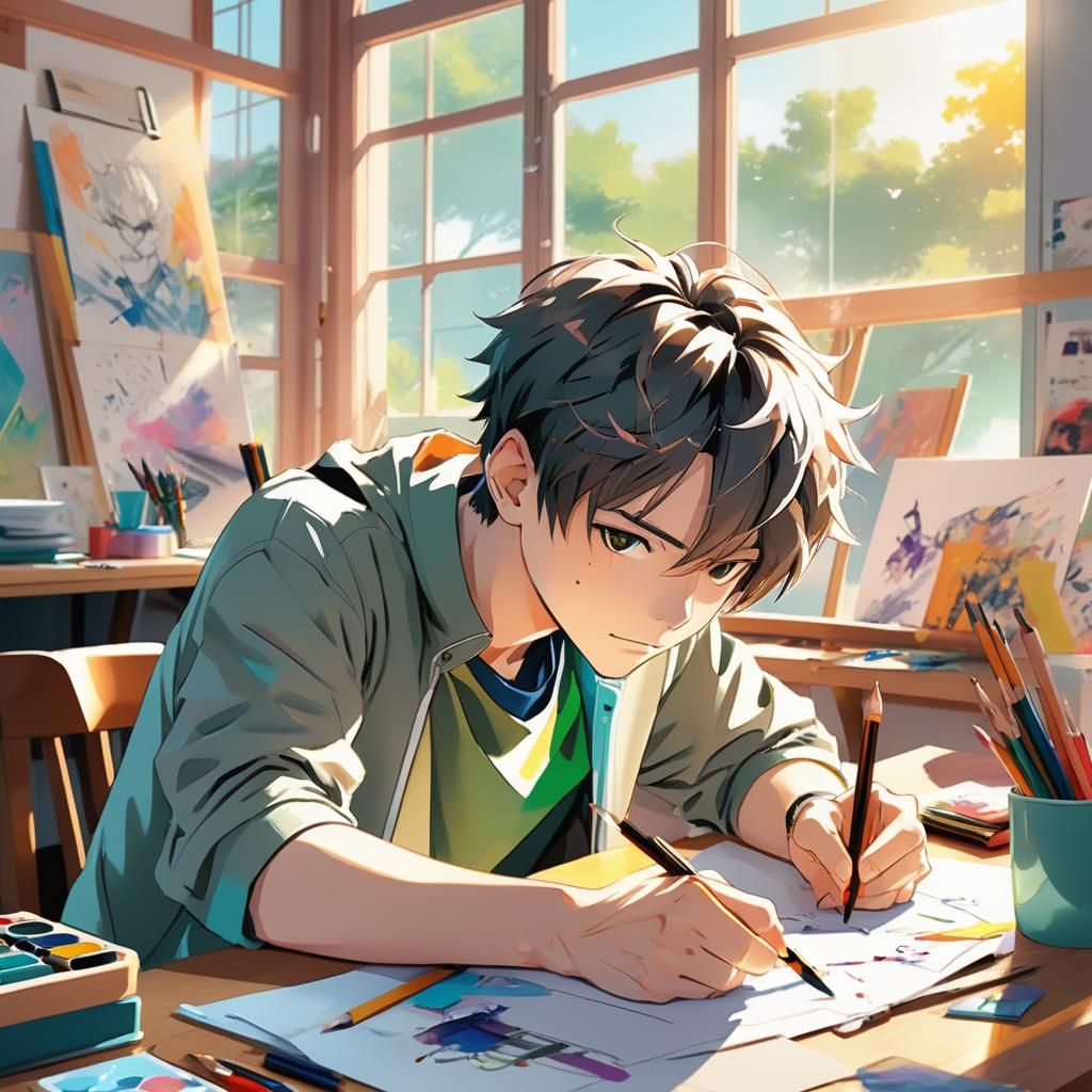 Anime Style: Boy Drawing Lamborghini in Art Class
