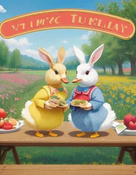 Rabbit and Duck Picnic in Retro Pop Art Style