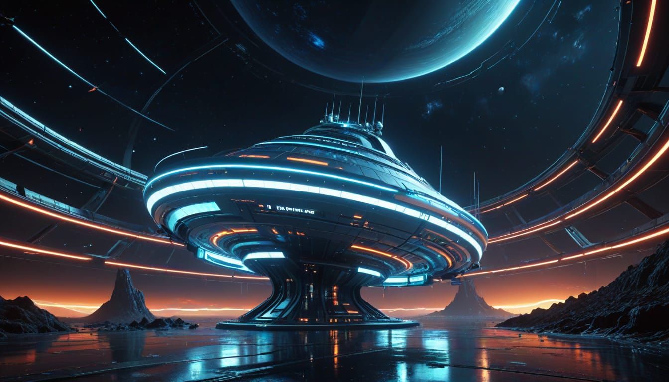 Retro-Futuristic Space Age Cruise Ship in Saturn's Rings