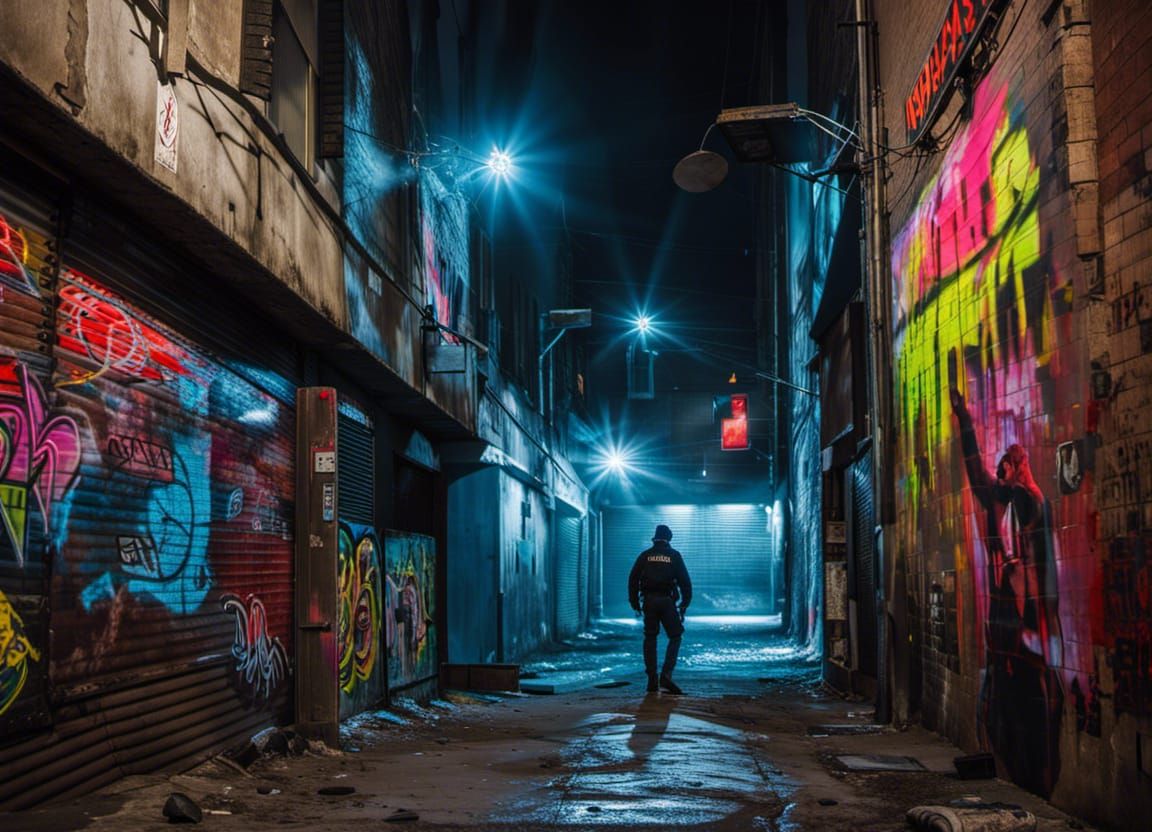 Cyberpunk Arrest in Neon-Drenched Post-Apocalyptic Alley
