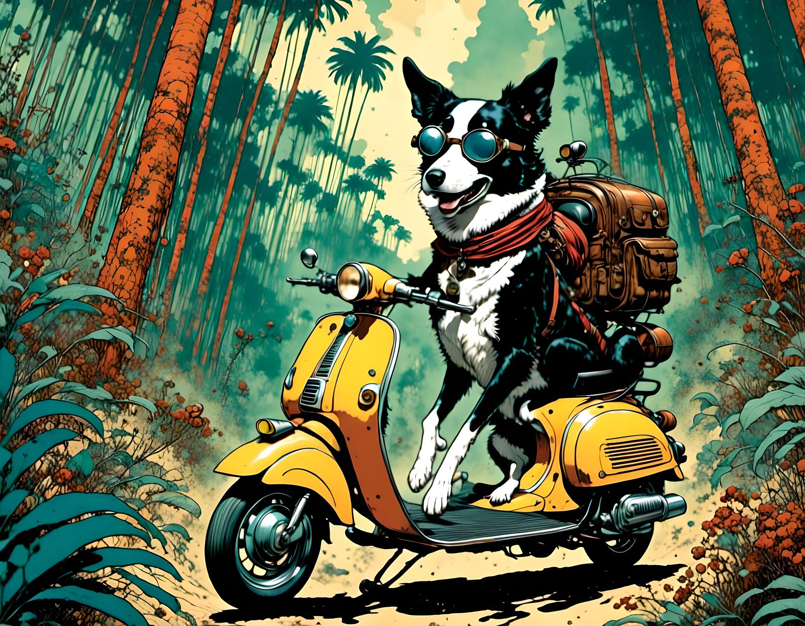 Border Collie Vespa Adventure in Graphic Novel Style