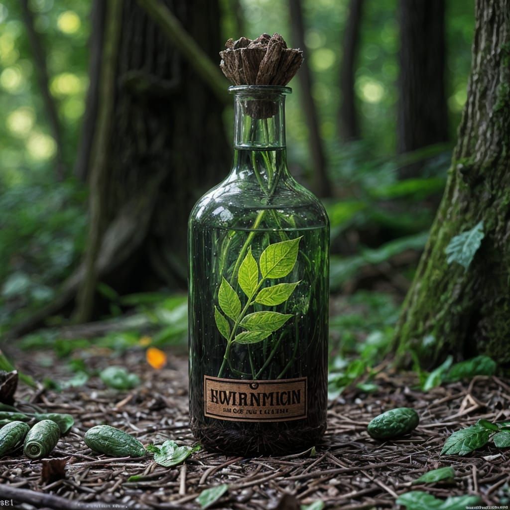 Enchanted Green Potion with Golden Veins in Forest Light