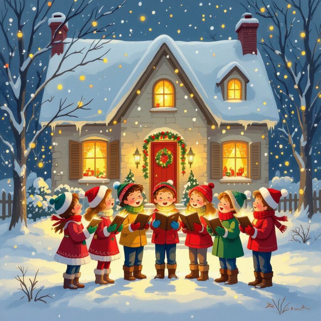 Children Singing Carols in Snowy Christmas Scene