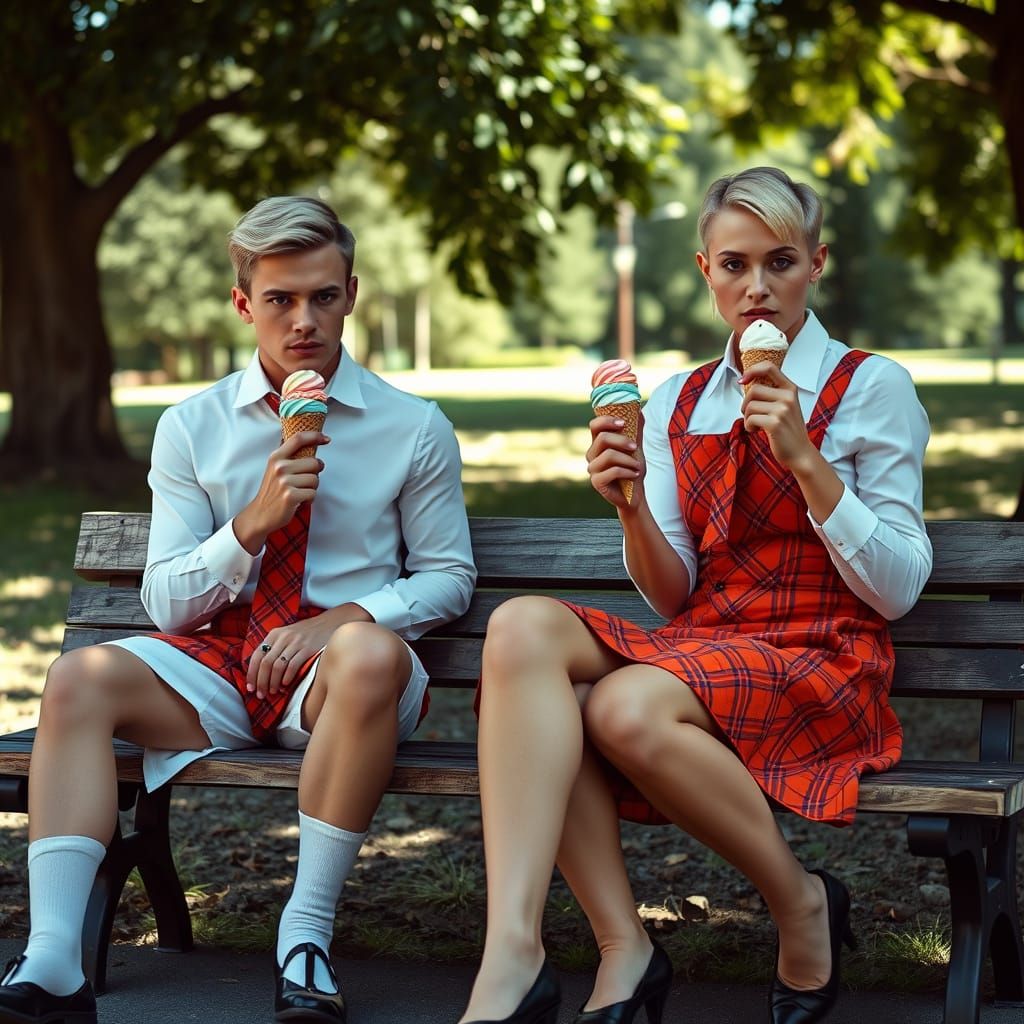 Chiseled Men Savor Ice Cream in Vibrant Park