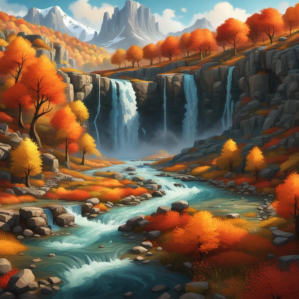 Autumn Valley Landscape with Waterfall in Hyperrealism