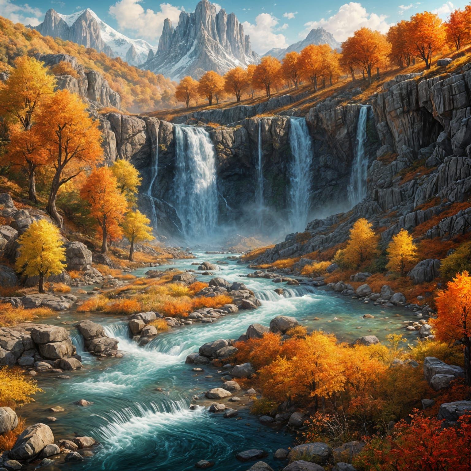 Autumn Valley: Hyperrealistic Waterfall Landscape with Wildl...