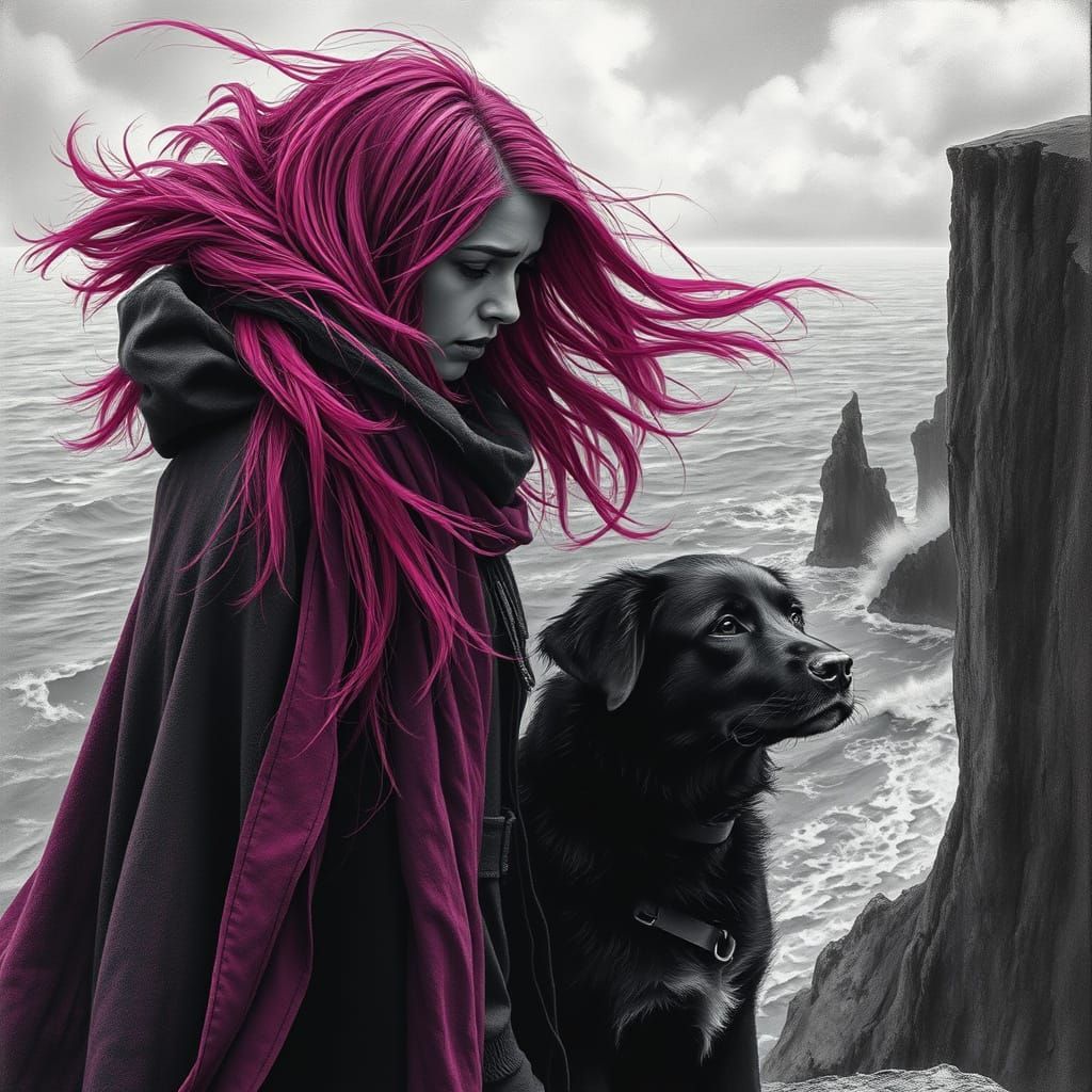 Sorrowful Woman in Stormy Seascape with Loyal Companion