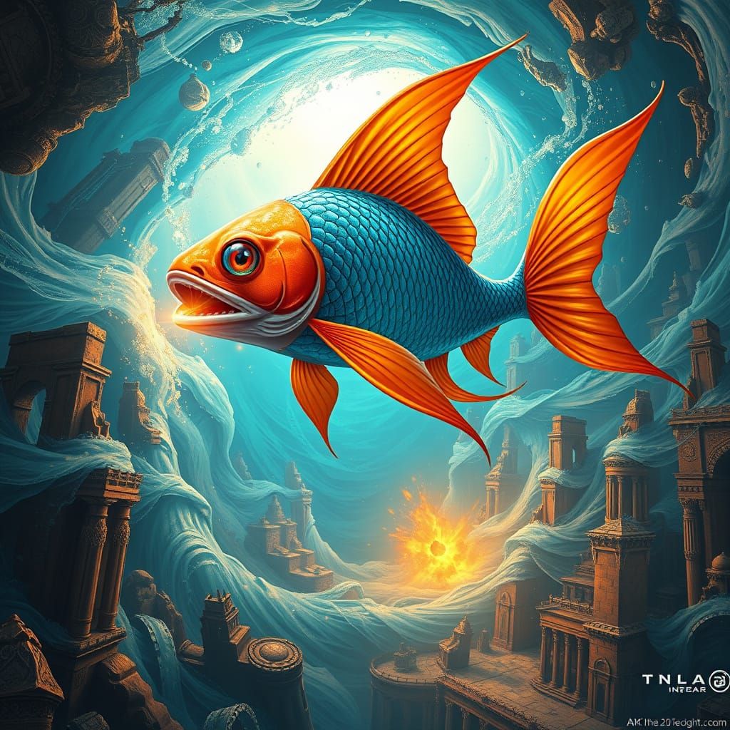 Vibrant Fish Superhero Emerges from Ancient City Ruins