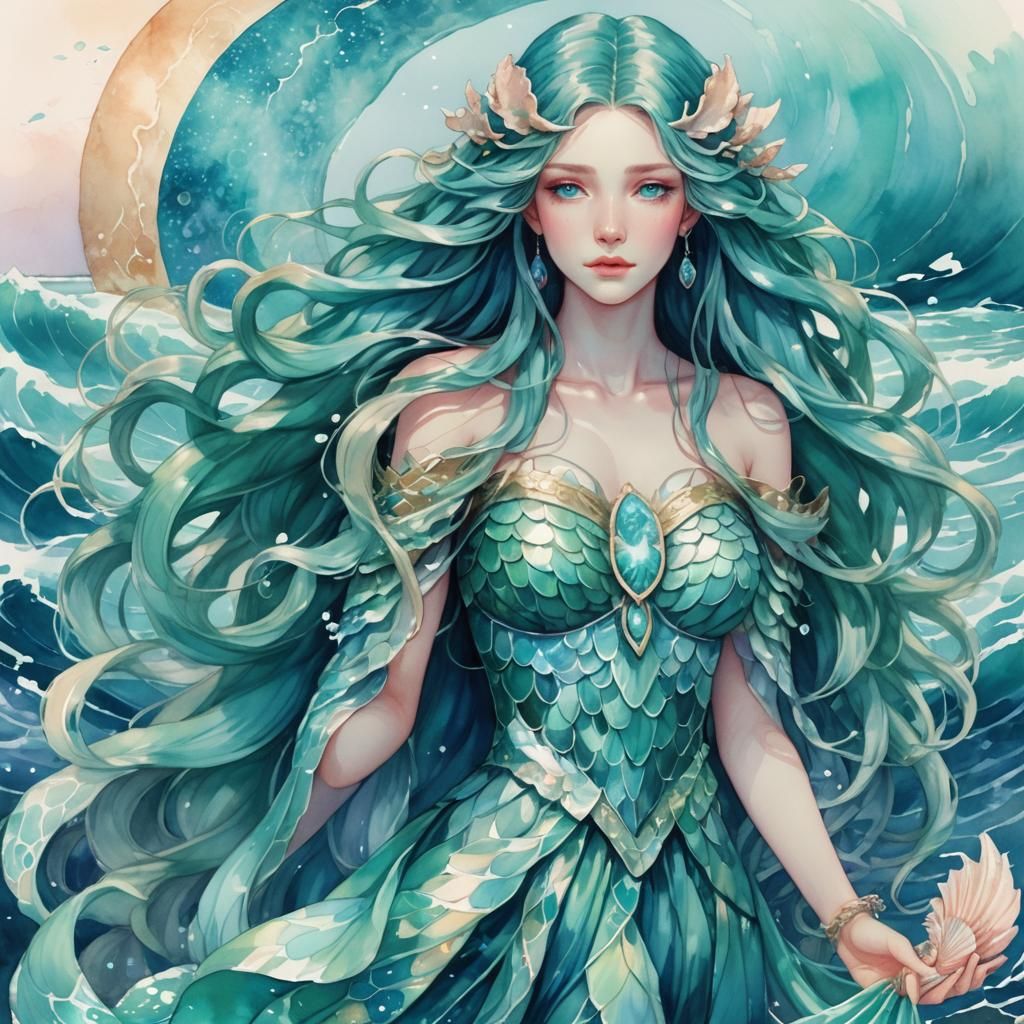 Ocean Oracle in Dreamy Anime-Inspired Watercolor Style