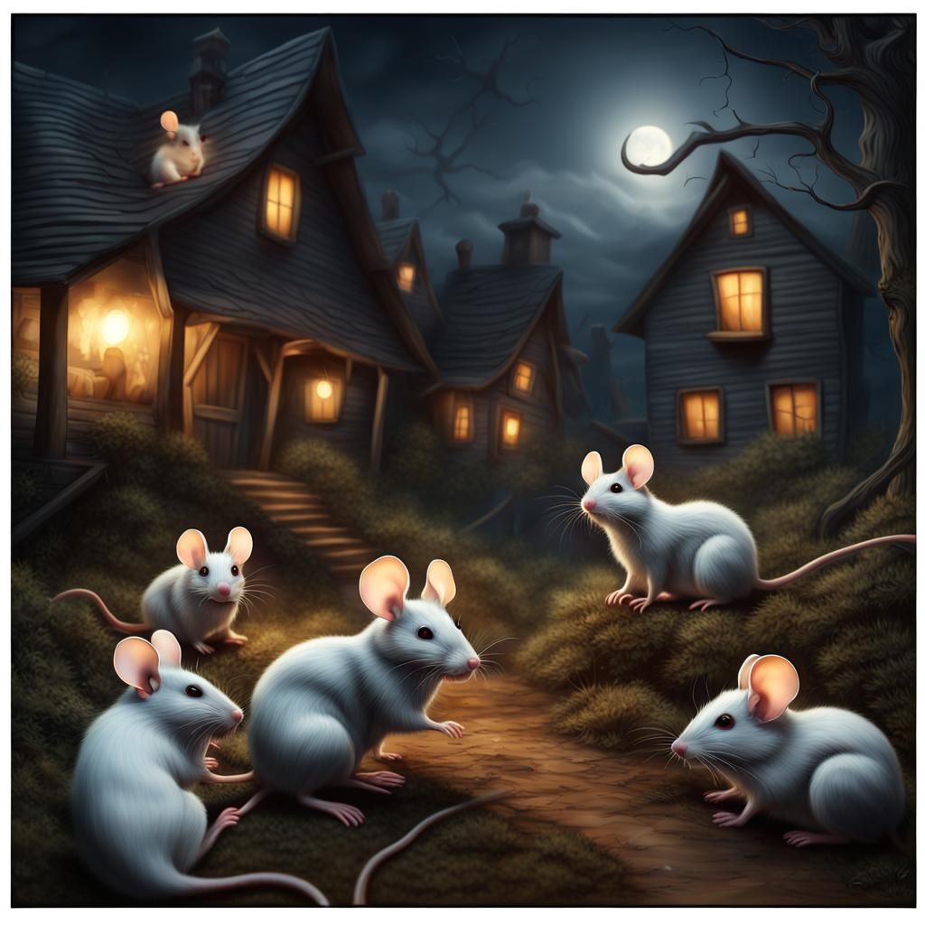 Hyperrealistic Haunted Ghost Mice Village at Night