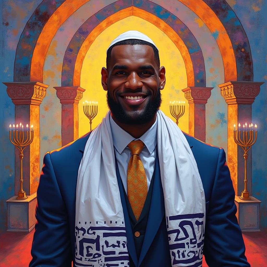 Lebron James in Traditional Jewish Attire Amidst Vibrant Syn...
