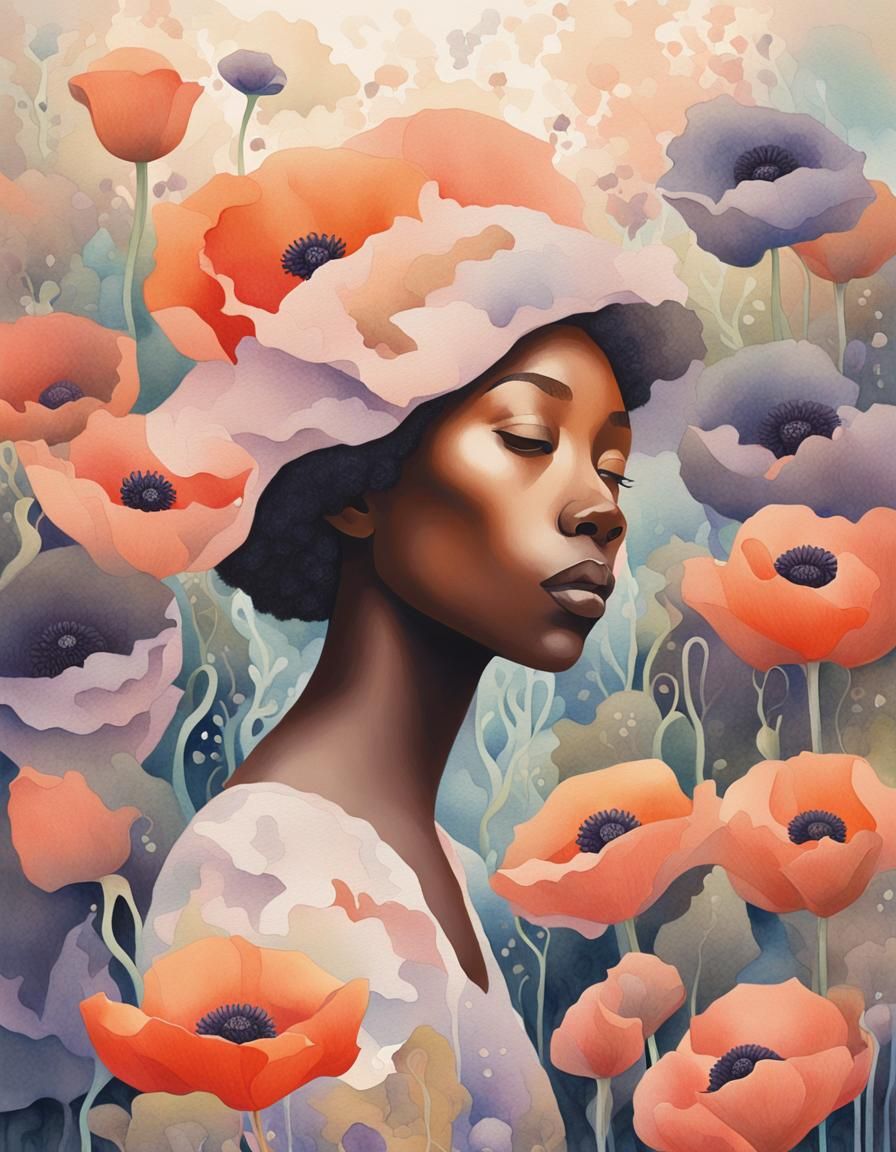 Dreamlike Portrait with Anemone and Poppies in Watercolor