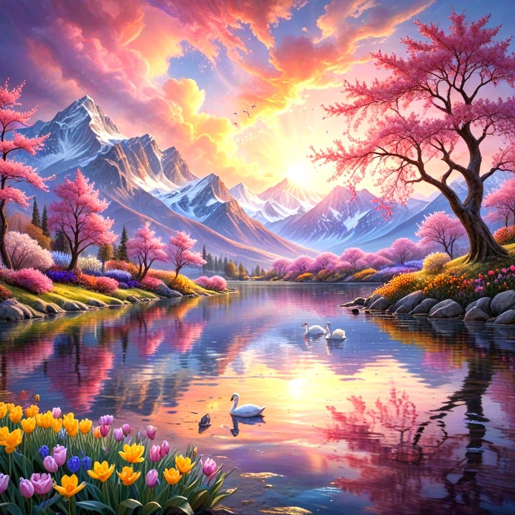 Springtime Masterpiece with Cherry Blossoms and Rainbow