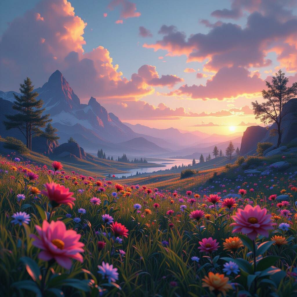 Fantasy Landscape with Vibrant Flowers as Matte Painting