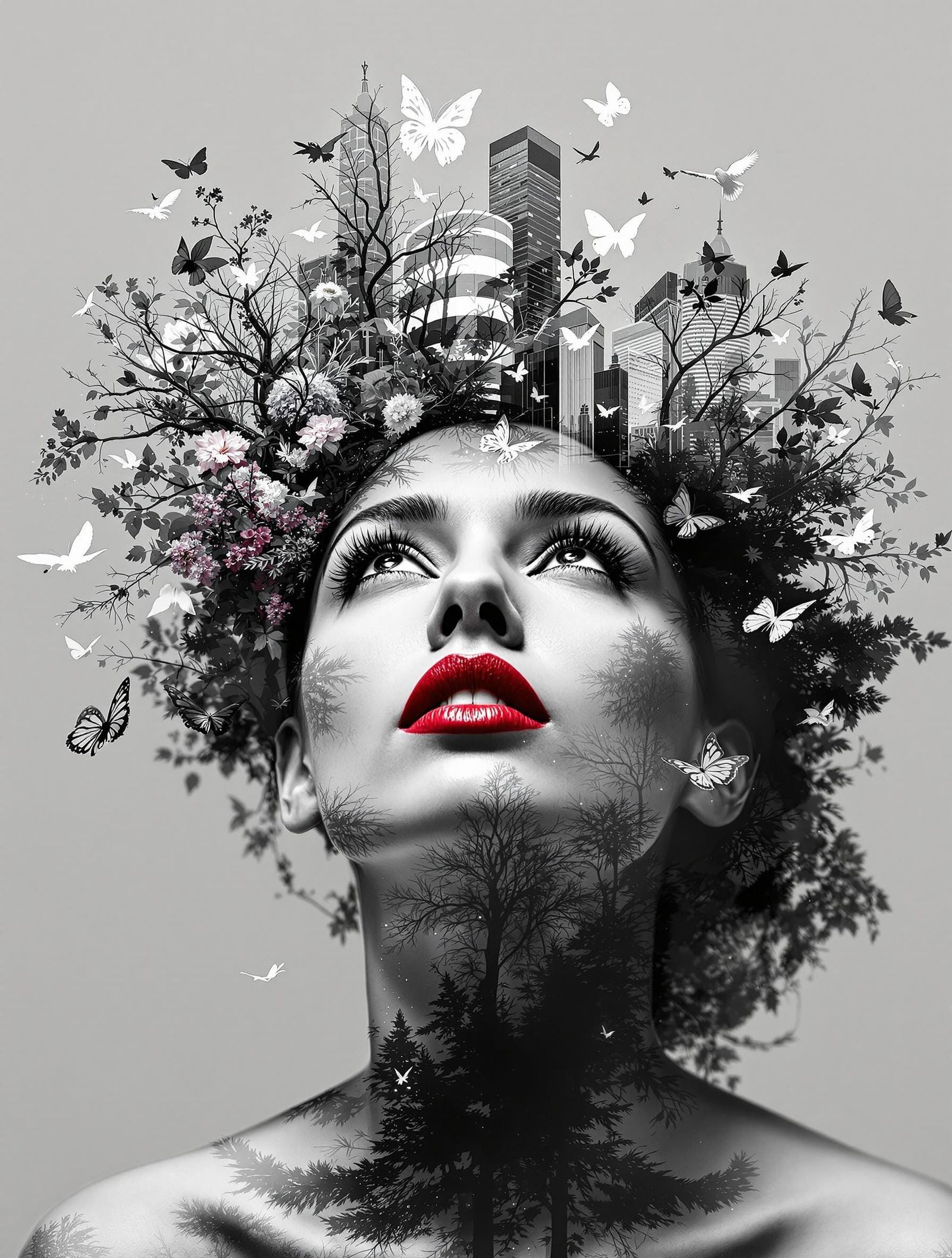 Majestic Woman Ascends Amidst Whimsical Nature