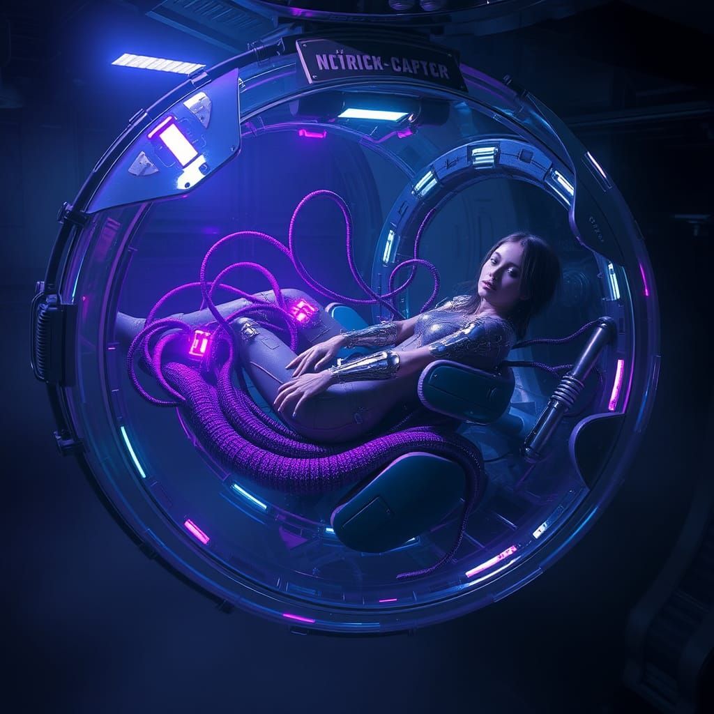 Biomechanical Woman in Cryopod, Giger-esque Sci-Fi Horror