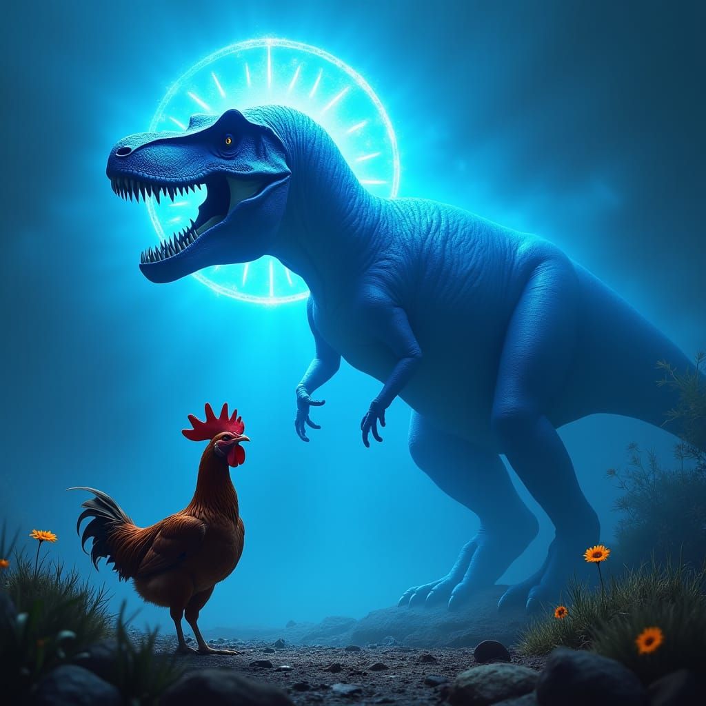 Chicken Gazing at Blue T-Rex in the Sky