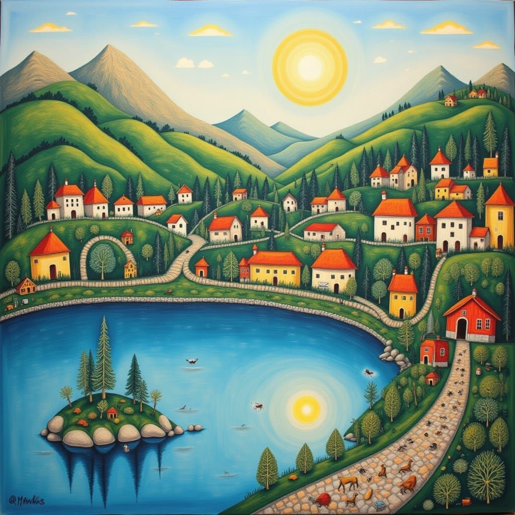 Idyllic Village by Serene Lake at Sunset