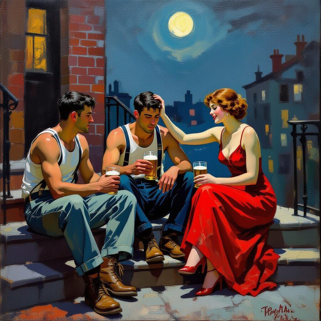 New York Workers Relaxing in Expressionist Impasto Style