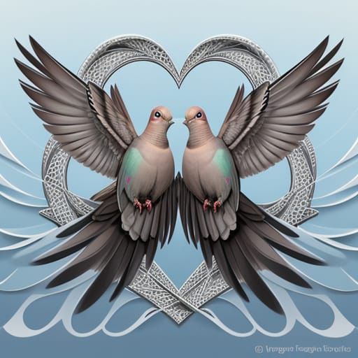 Mourning Doves in Heart-Shaped Flight, Abstract Pop Art Vect...