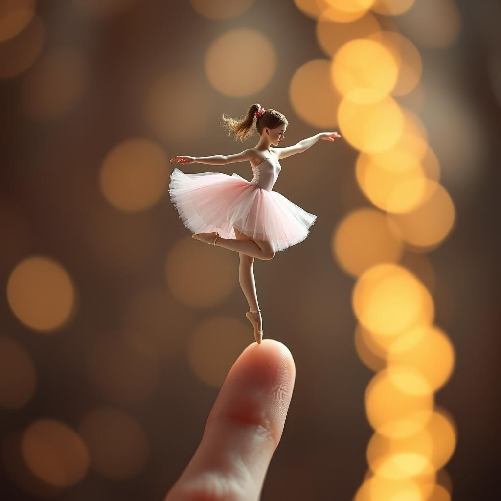 Ballerina Dances Atop a Finger, Dreamy Bokeh Background