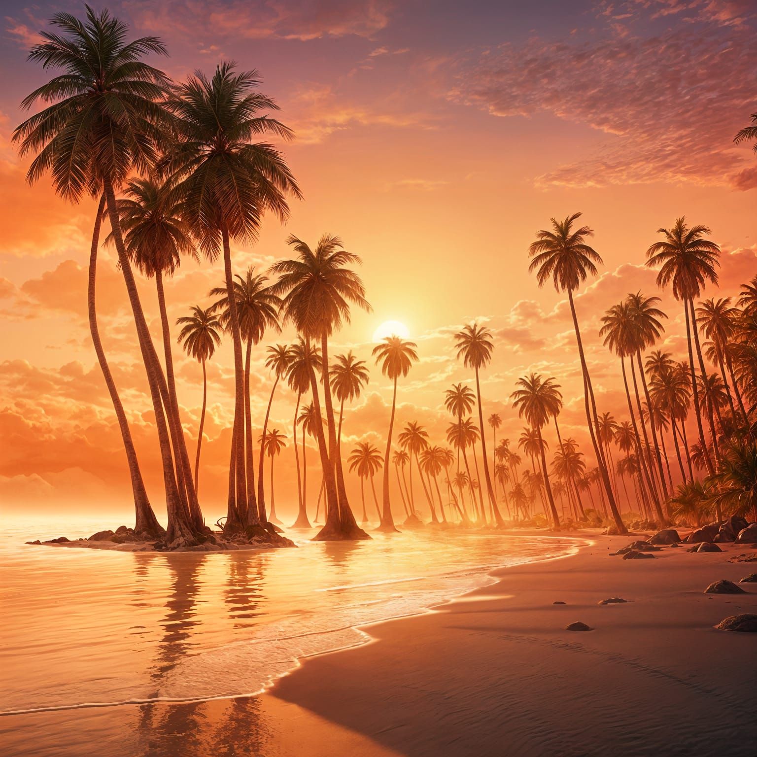 Sunset Palm Trees on Serene Beach in 3D