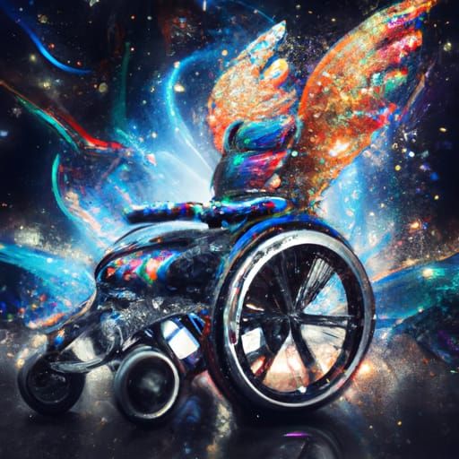 Fantastical Wheelchair with Glittering Wings, Detailed Art