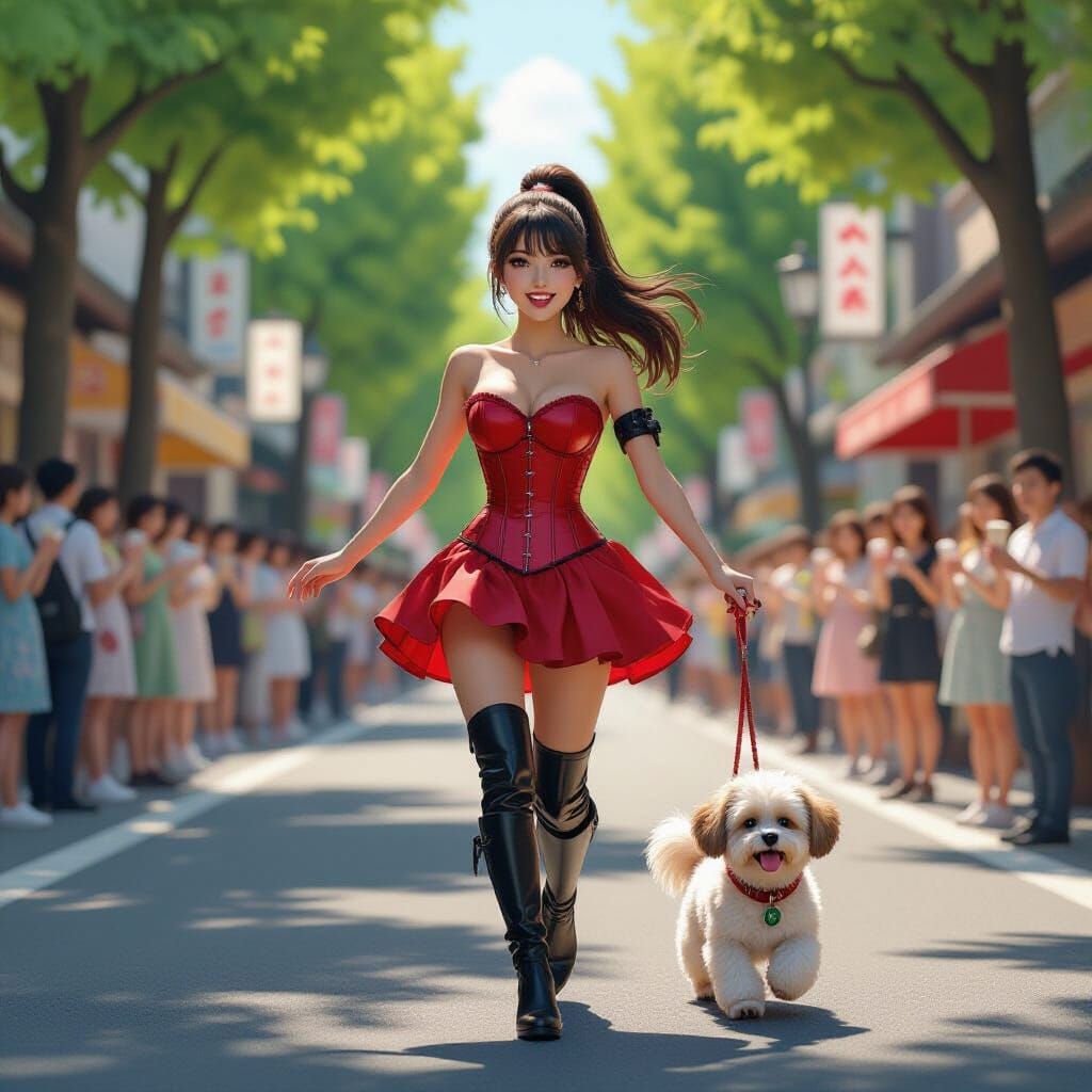 Crimson Corset Girl Runs Down Japanese Street with Dog