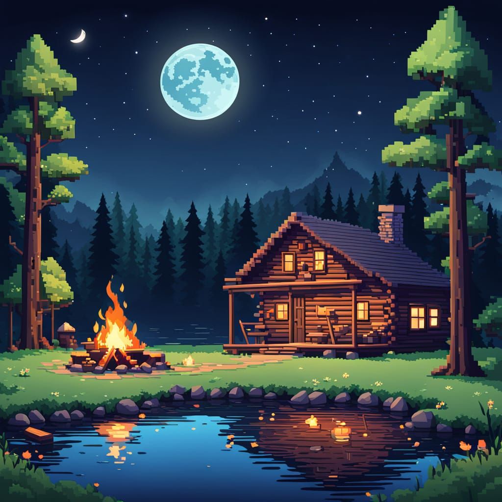 Pixel Art Cabin Under the Nighttime Moon