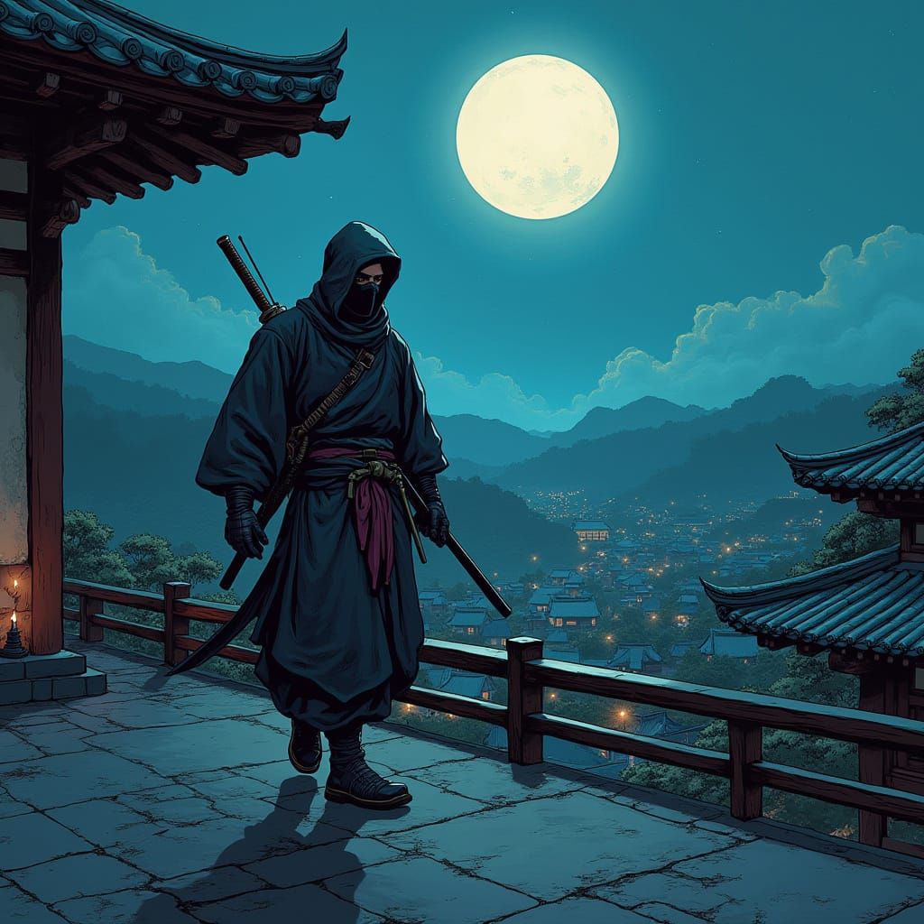 a ninja warrior stealthily walking across a rooftop of an ancient Japanese kingdom