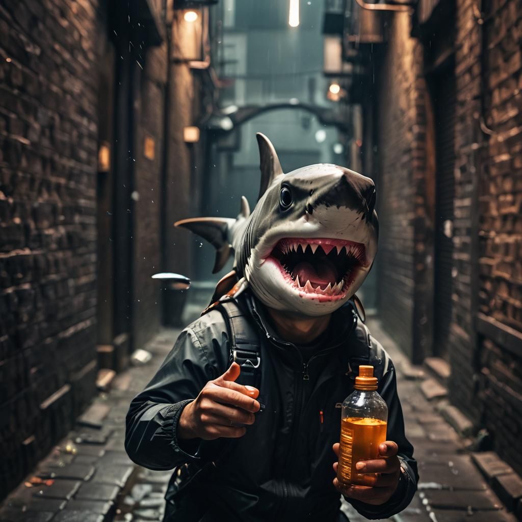 Shark Person in Alleyway: Underwater Photography