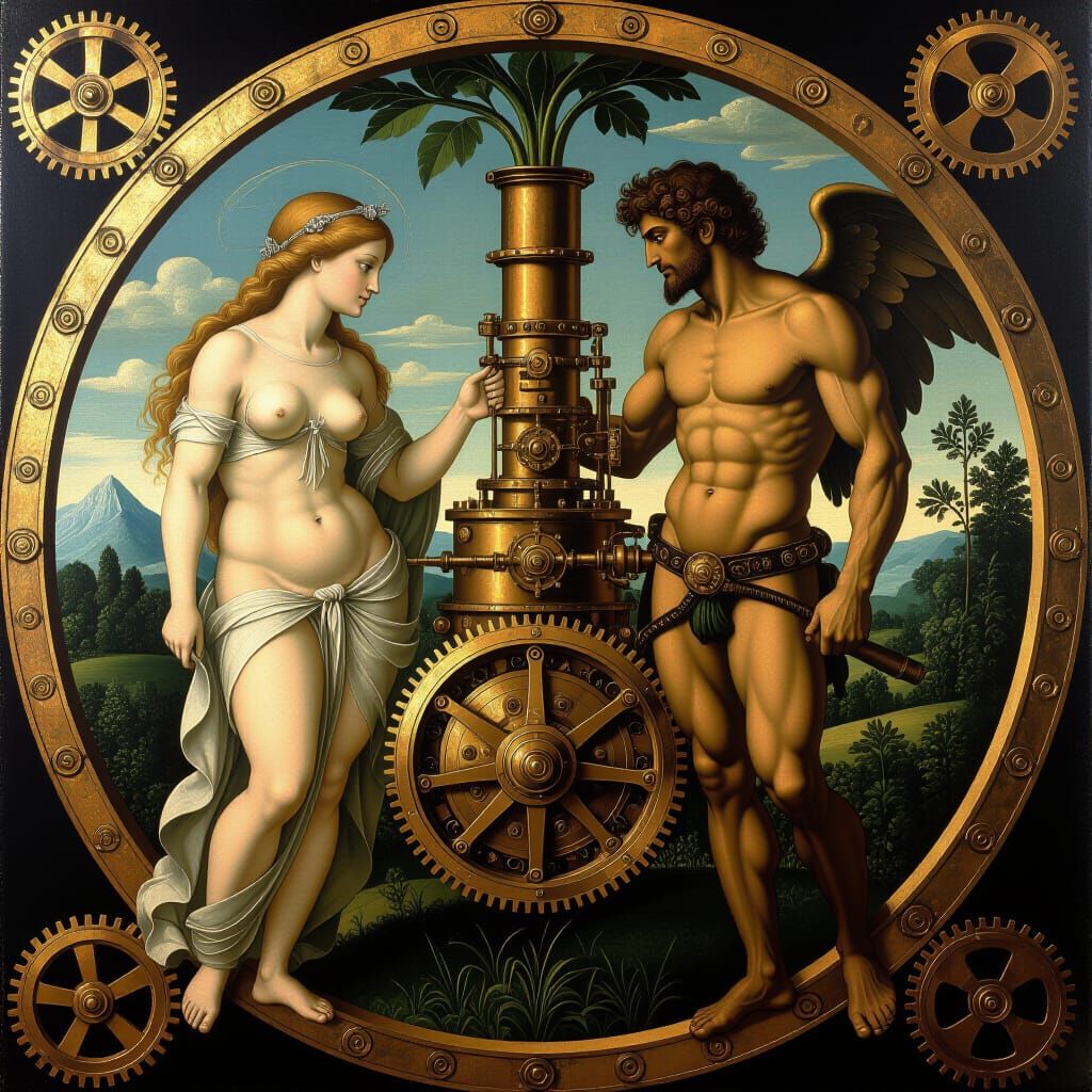 Adam and Eve Steampunk Scene in Michelangelo Style