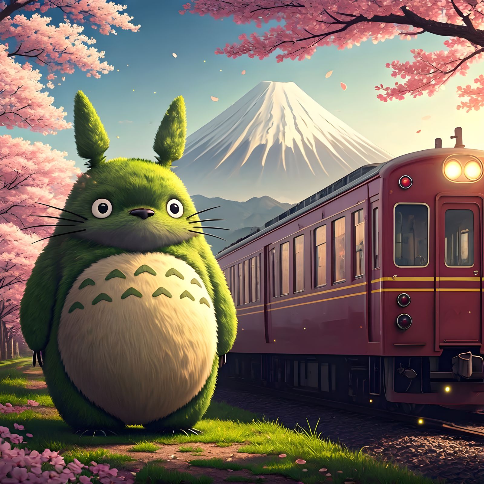 Whimsical Totoro-Inspired Spirit Stands Beside Vintage Train...