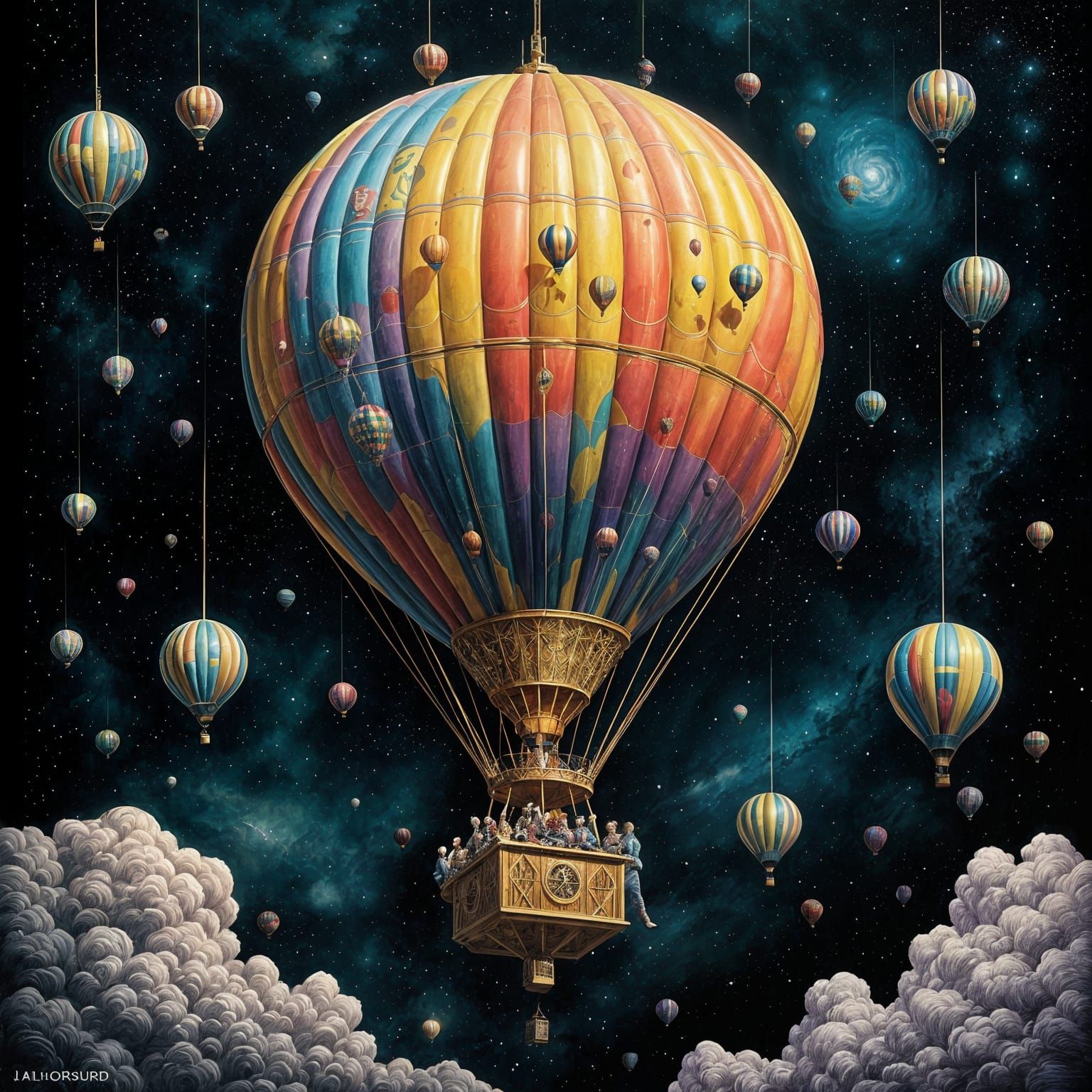 Surreal Space Fantasy: Rainbow-Hued Hot Air Balloon in Cosmi...