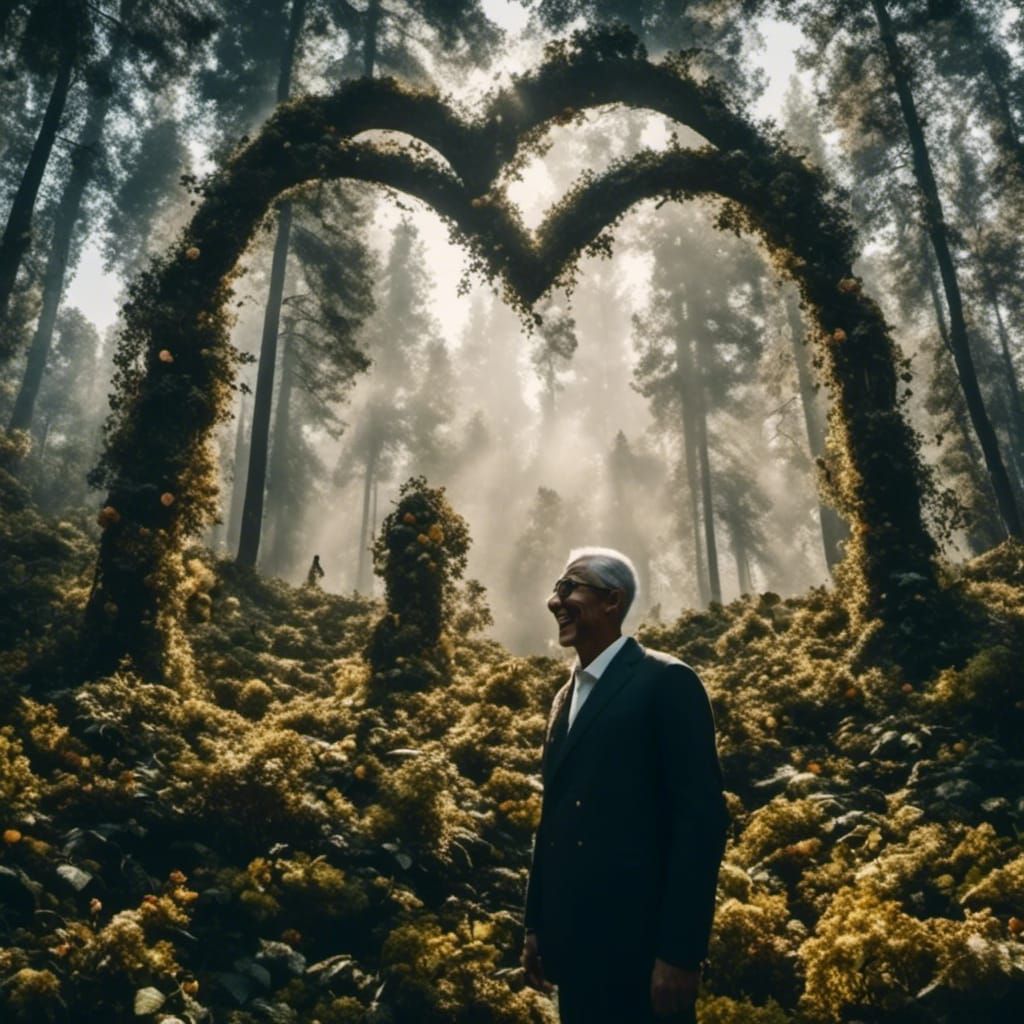 Man Smiling in Heart Silhouette: Double Exposure