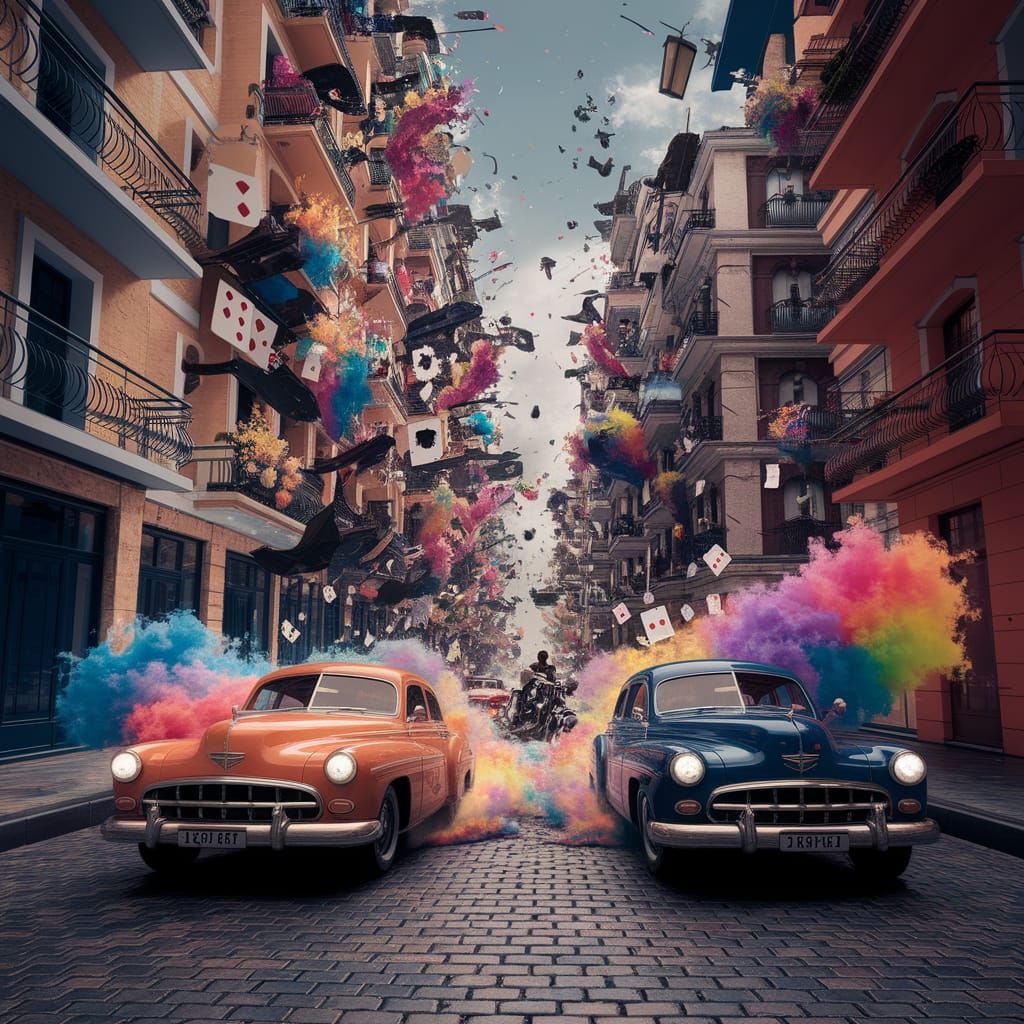 Chaotic Street Chase with Vintage Cars and Rainbow Smoke