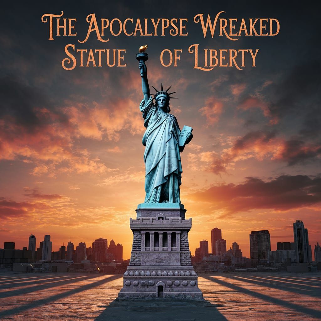Skeletal Statue of Liberty in Apocalyptic Sunset