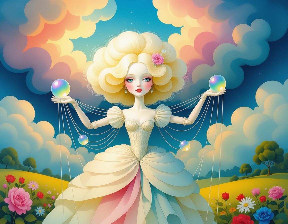 Ethereal Puppet Lady in Surrealist Landscape as Watercolor