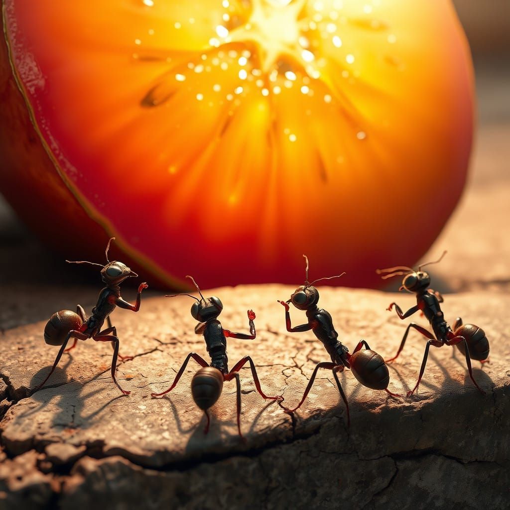 Little Ant Dudes Marvel at a Vibrant, Juicy Fruit in a Sunli...
