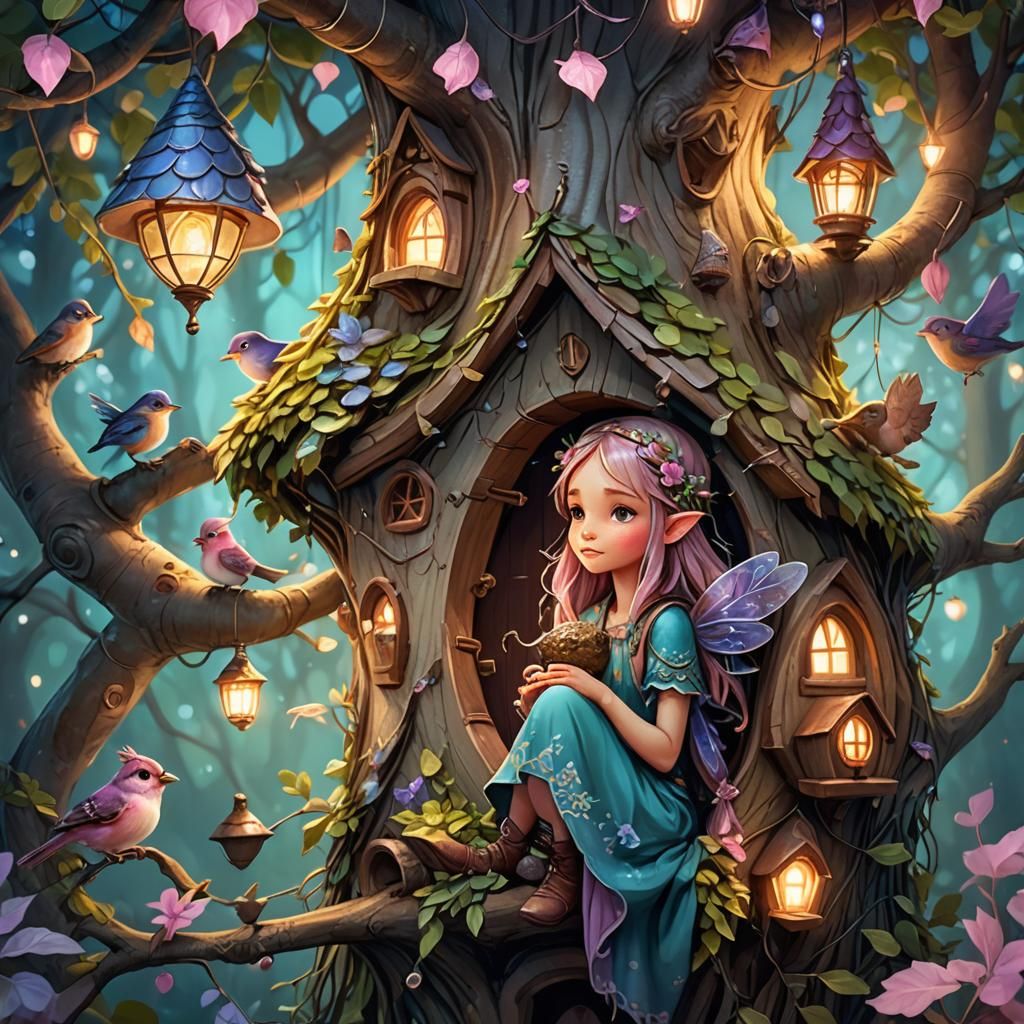 Cute Fairy Girl in Cozy Acorn House