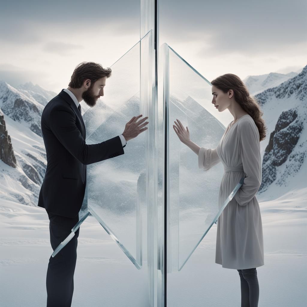 Worried Couple Separated by Glass in Snowy Mountains