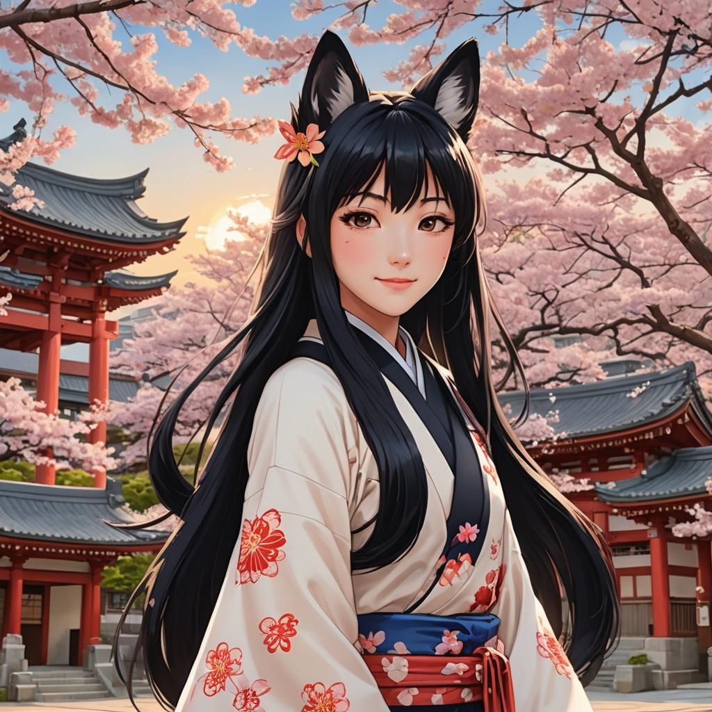 Anime Girl with Fox Ears at Japanese Temple
