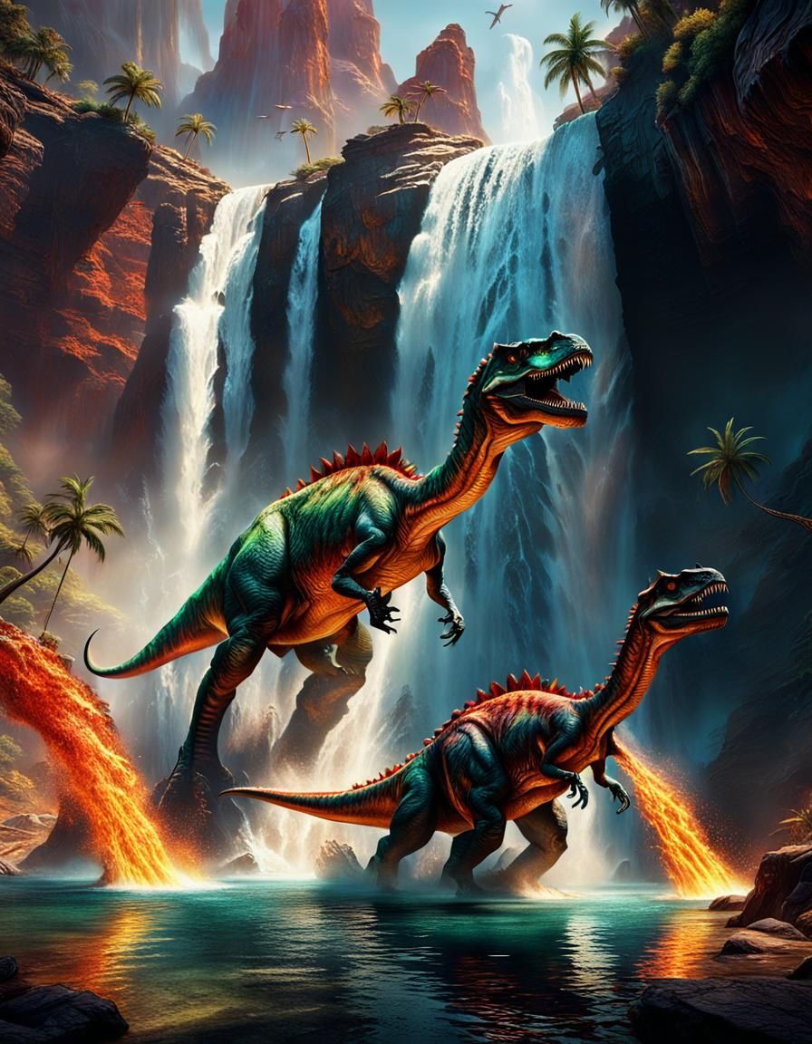 Iridescent Dinosaurs Bathe Under Fiery Waterfall