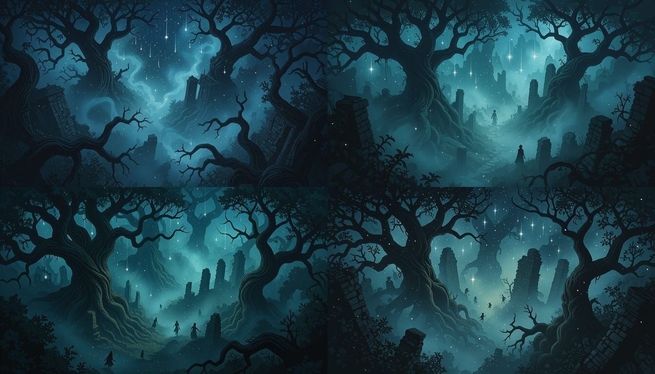 Aerial View of a Dark, Twisted Neverland Forest at Night