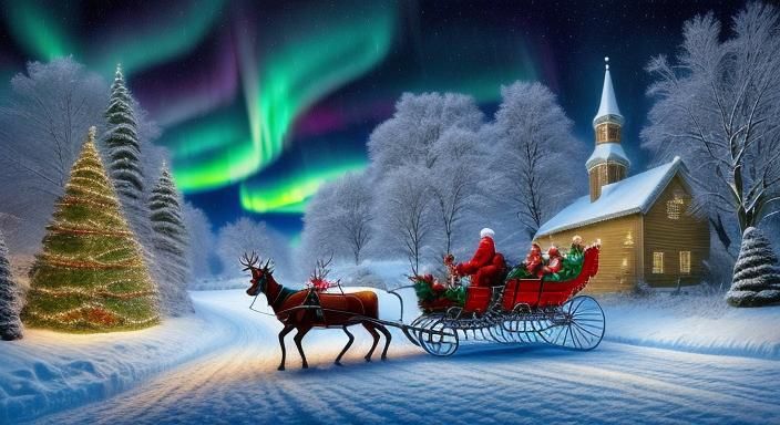 Santa's Sleigh Ride Through Winter Wonderland as Oil Paintin...