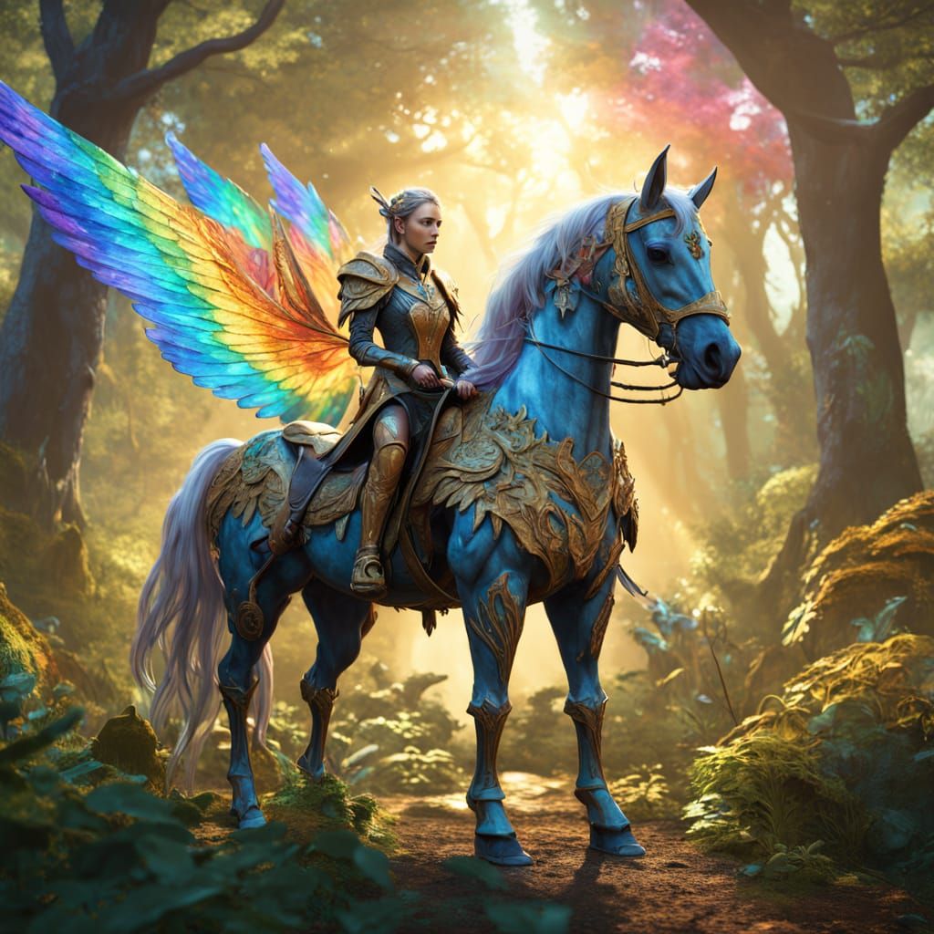 Ethereal Elf Queen Rides Rainbow Horse Through Vibrant Fores...