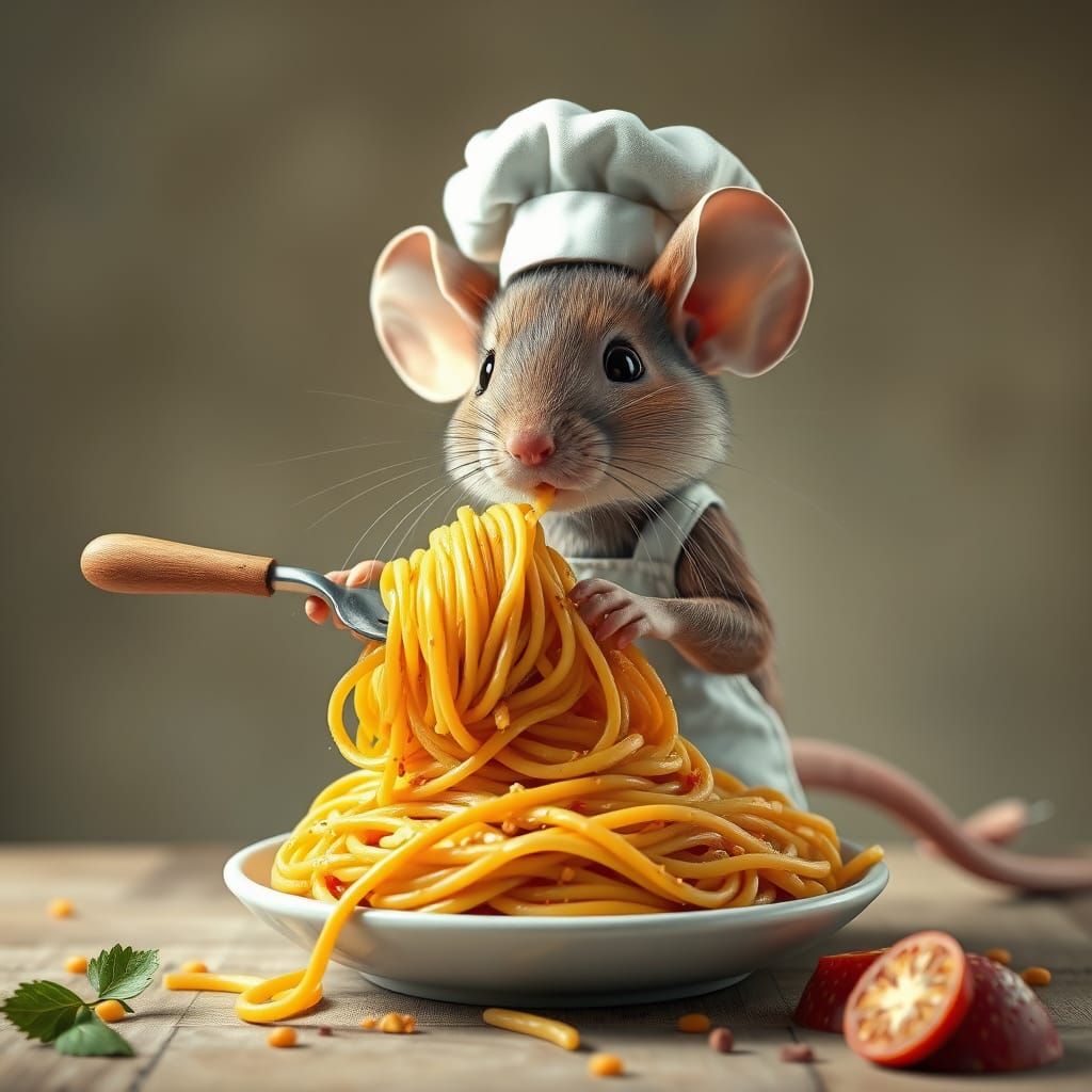 Adorable Chef Mouse Cooking Spaghetti: Hyperrealistic Art